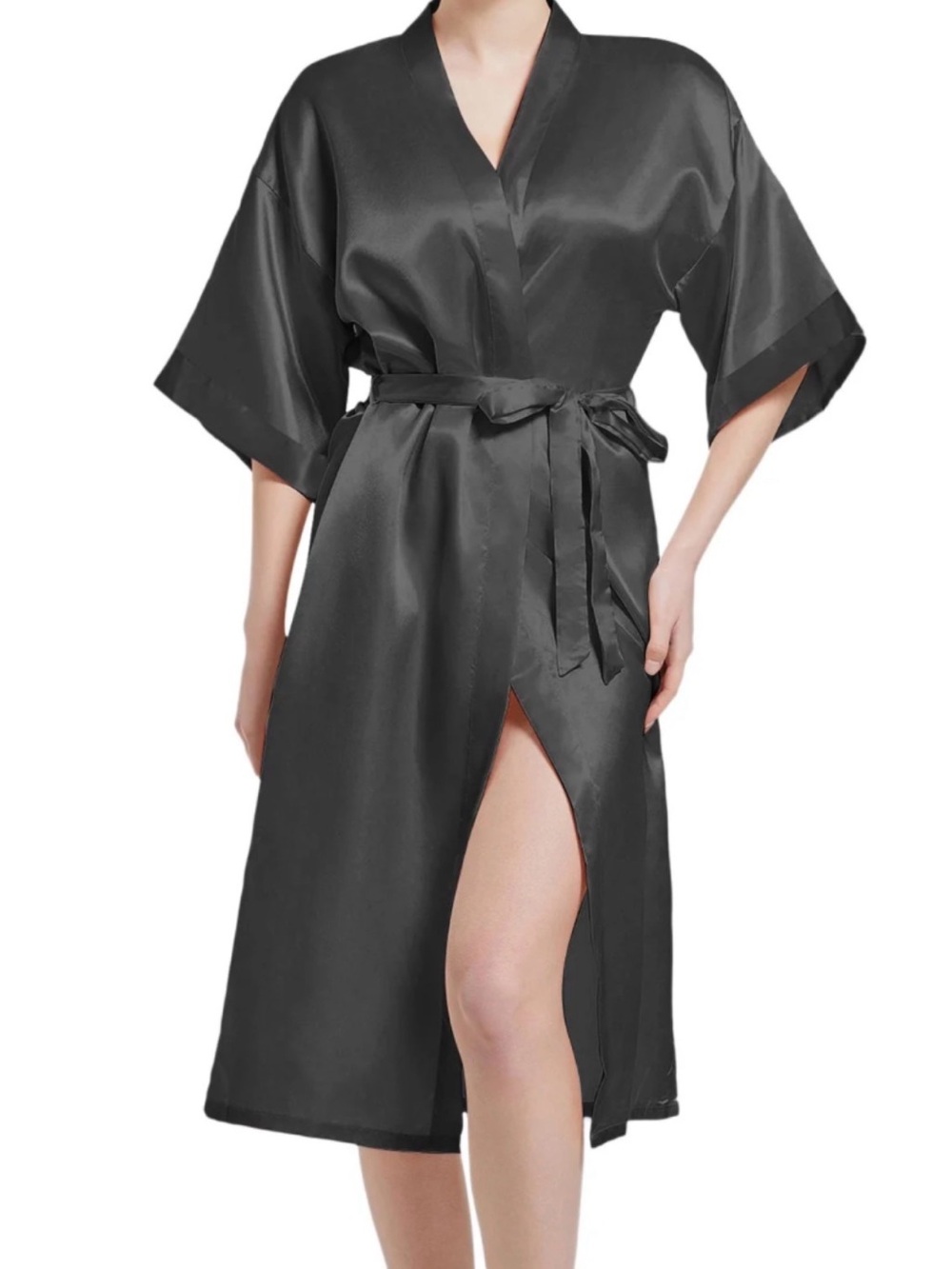 Carolina Herrera Black Satin Kimono-Style Robe with Tie Belt - Picture 7 of 8